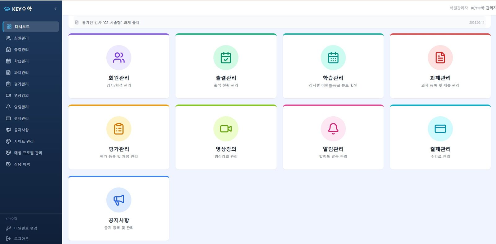 학원관리자 대시보드 상단 — 학원 사용기간 배너와 실시간수업·영상강의·카카오 알림톡의 사용중·미사용 배지