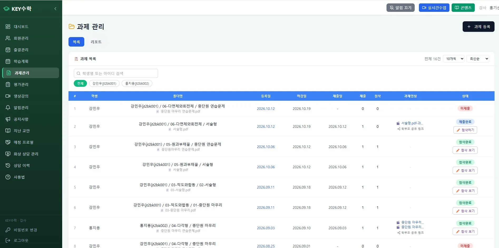 온라인 학원 관리 시스템의 과제 관리 화면으로, 강민우와 홍지융 강사의 과제 목록과 출제일, 마감일, 제출현황, 점수 등이 표 형식으로 표시되어 있다.