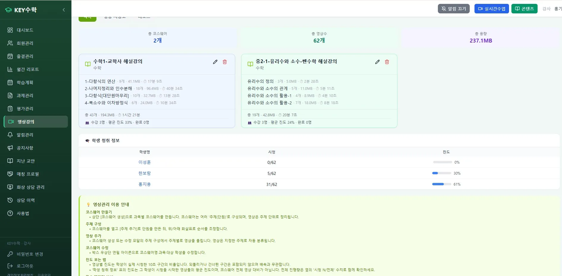 클래스캔버스 학습관리 시스템의 영상강의 기능 화면으로, 수학 1-0 과정의 2개 코스와 62개 강의, 237.1MB 용량이 표시되며 각 강의의 학습 진행률과 상세 정보가 나열되어 있다.