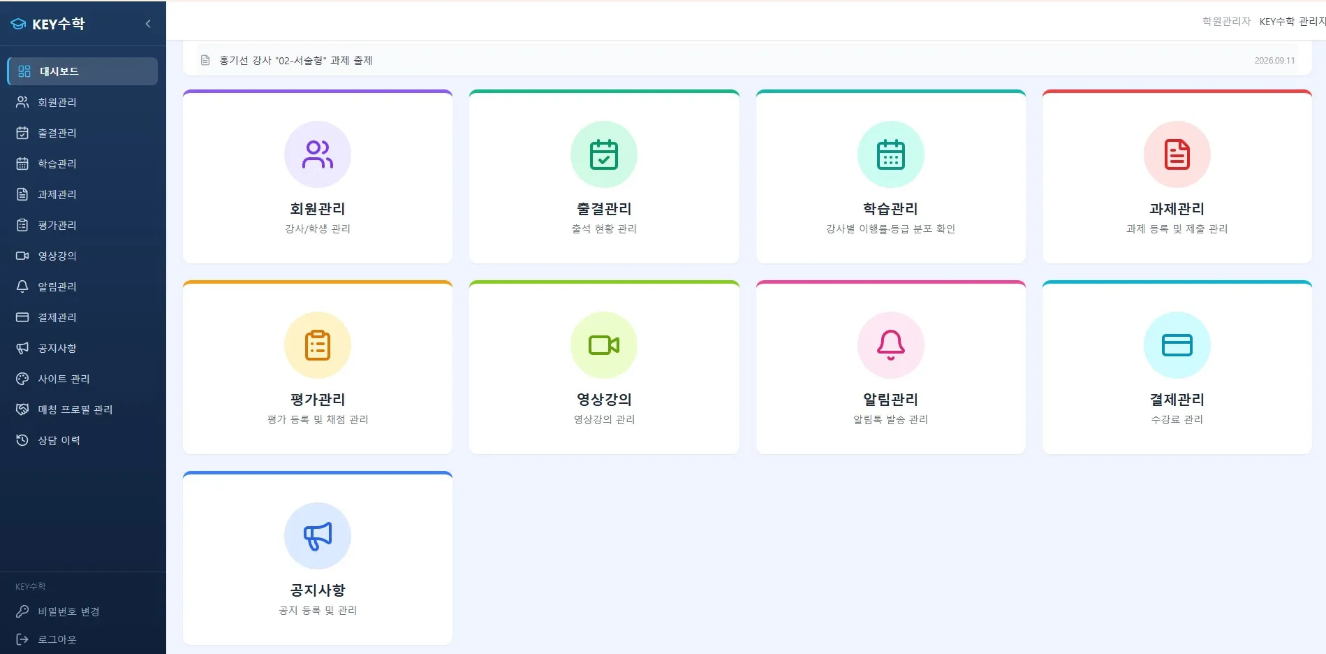 KEY수학 대시보드 메뉴로 회원관리, 홈기간 관리, 학습관리, 과제관리, 평가관리, 영상강의, 알림관리, 결제관리, 공지사항, 사이트관리 등 온라인 학원 운영에 필요한 10가지 관리 기능을 카드형으로 표시