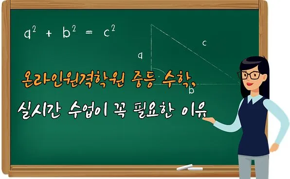 피타고라스 정리 공식과 직각삼각형이 그려진 칠판 앞에서 여성 강사가 설명하는 모습