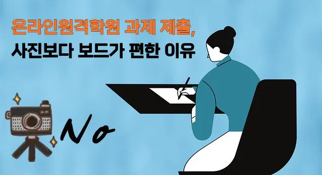 노트북을 보며 작업하는 여성 뒷모습과 카메라 삼각대에 엑스 표시가 있는 일러스트
