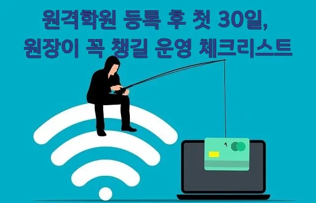 와이파이 신호 위에 앉아 낚싯줄로 노트북의 신용카드를 낚아채는 검은 정장의 남성 실루엣