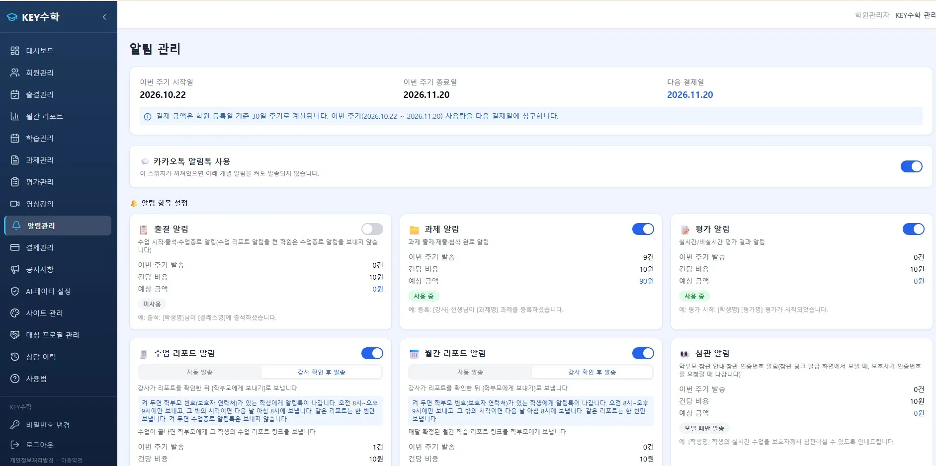 KEY수학 학원관리 시스템의 알림 관리 페이지로, 공지 알림, 과제 알림, 평가 알림 등 다양한 알림 유형별 설정 현황과 발송 건수를 표시하고 있다.
