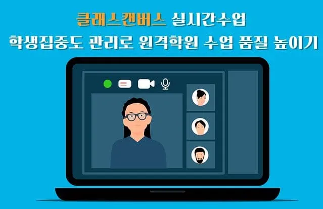 노트북 화면에 안경 쓴 강사의 얼굴이 보이고, 우측에 학생 3명의 프로필 사진이 표시되어 있는 온라인 수업 화면