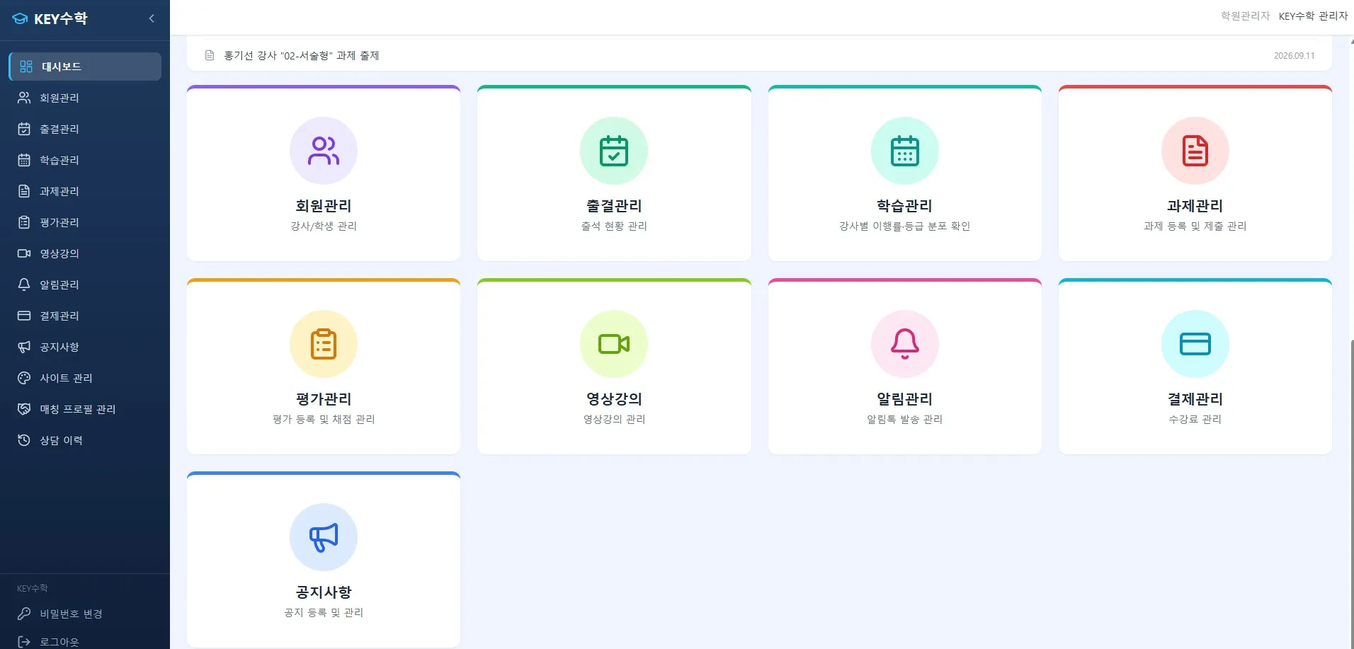 KEY수학 관리자 대시보드의 회원관리, 출결관리, 학습관리, 과제관리, 평가관리, 영상강의, 알림관리, 결제관리, 공지사항, 공지사항 등 9가지 주요 관리 기능을 아이콘과 설명문으로 나타낸 화면
