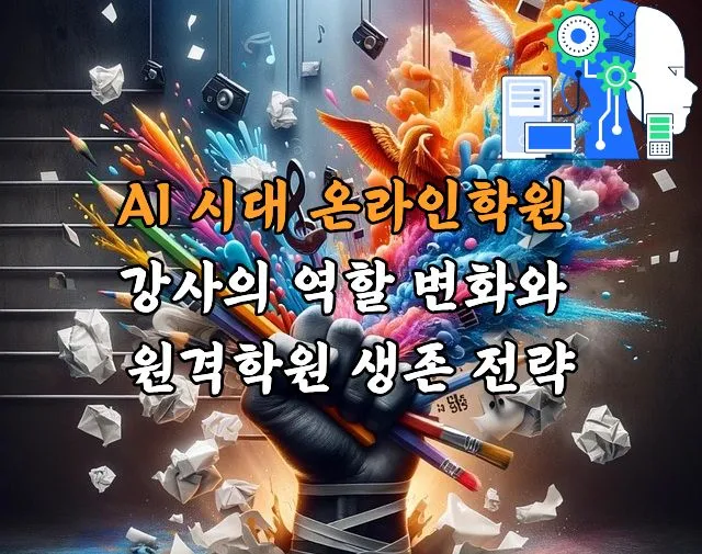 AI 기술과 창의성이 충돌하는 장면으로, 폭발하는 색채 속에 손, 붓, 디지털 기기, AI 아이콘 등이 흩어져 있으며 제목 텍스트가 오버레이되어 있음